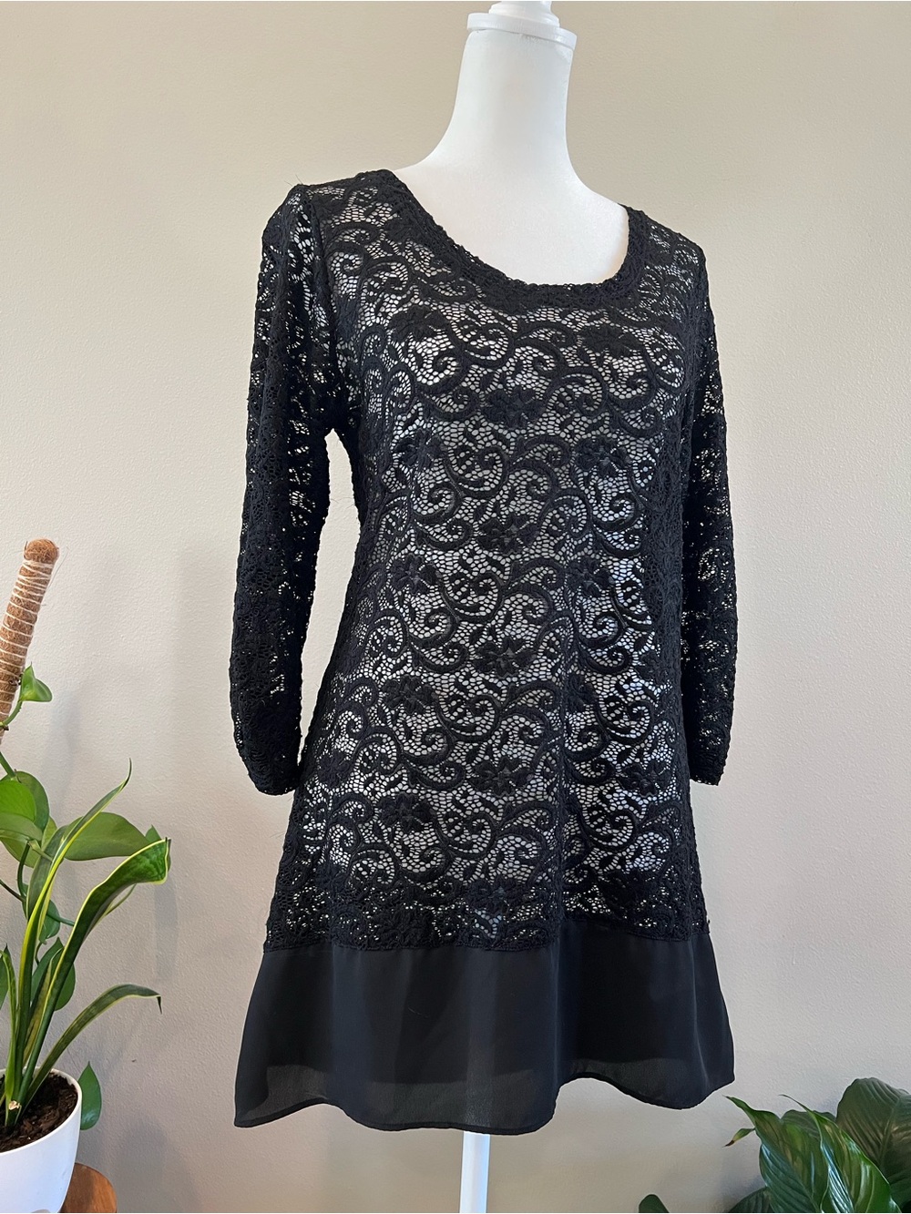 Maurices Black Lace Mini Dress with Sheer Hem